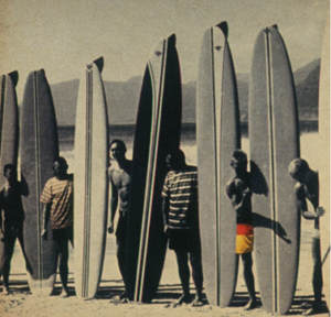 cinco sufistas na praia segurando seus longboard